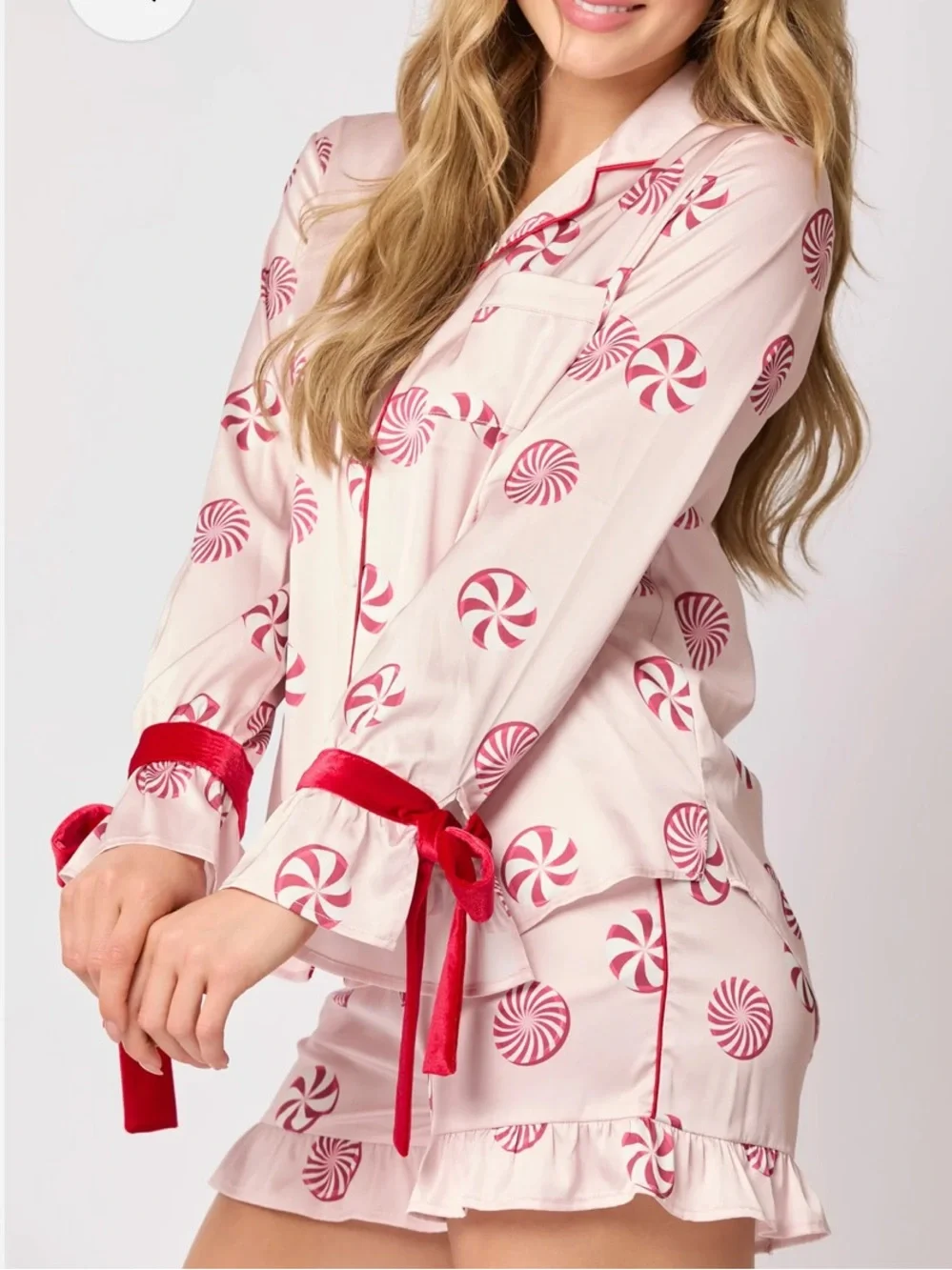 Fantastic Fawn NWT Pink & Red Peppermint Print Satin PJ Set Velvet Red Trim SM